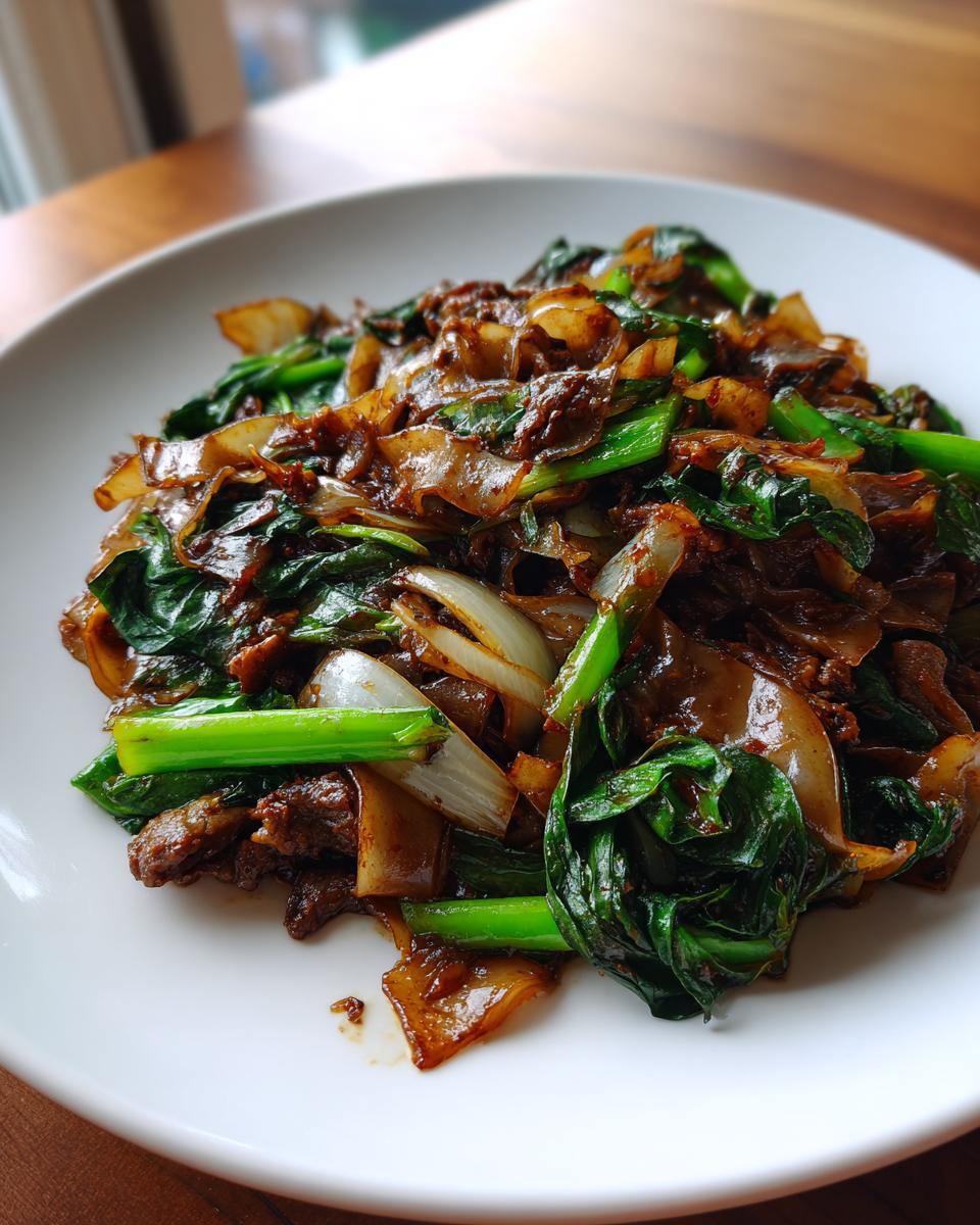 A close-up of savory Thai drunken noodles stir-fried with wide rice noodles, beef, and bright green Chinese broccoli.