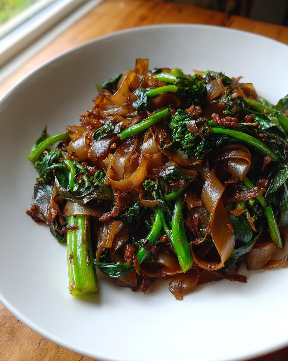 A close-up shot of a white bowl filled with glossy, dark brown thai drunken noodles mixed with vibrant green Chinese broccoli.