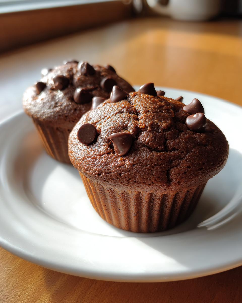 Close-up of two freshly baked, dark chocolate chip muffins sitting on a white plate.