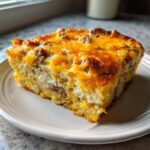 A golden brown slice of ultimate breakfast casserole topped with melted cheddar cheese and sausage.