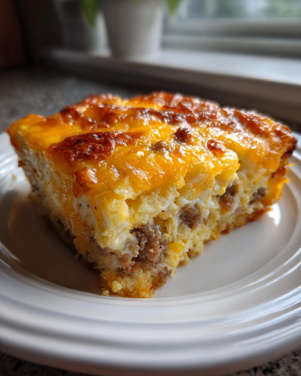 A close-up slice of ultimate breakfast casserole featuring eggs, sausage, and melted cheddar cheese on a white plate.