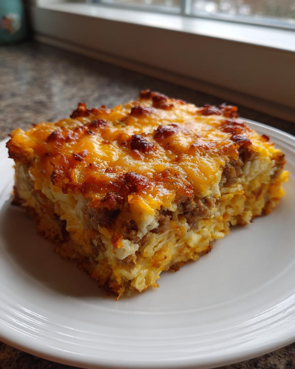 A square slice of ultimate breakfast casserole featuring hash browns, sausage, and melted, browned cheddar cheese.