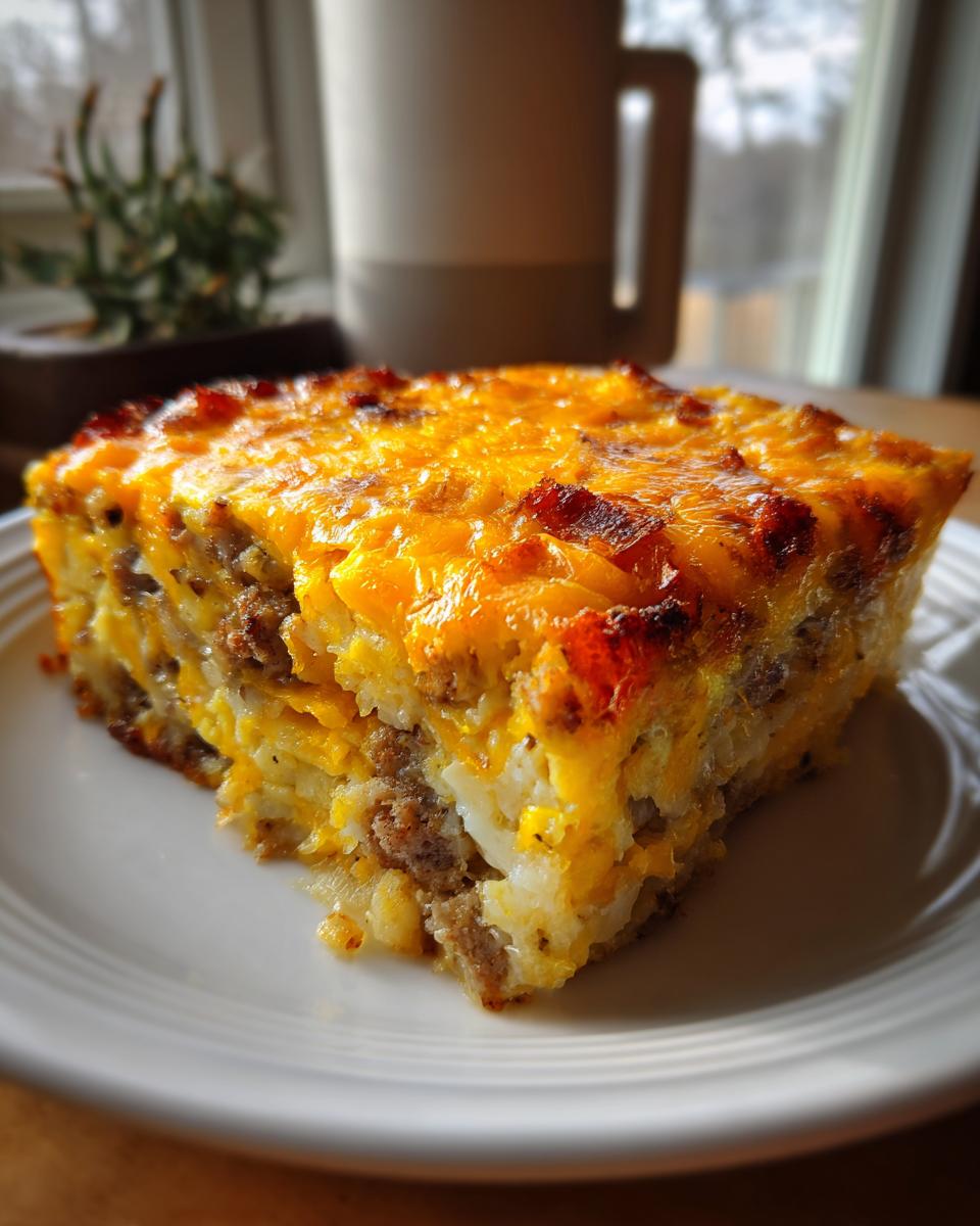 A hearty slice of ultimate breakfast casserole topped with melted cheddar cheese, ready to eat.