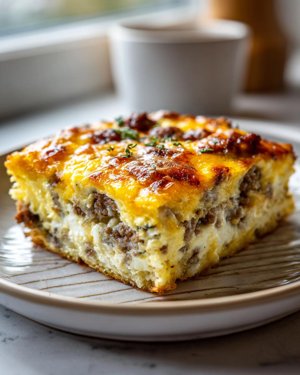 A square slice of ultimate breakfast casserole featuring layers of egg, sausage, and melted golden cheese topping.