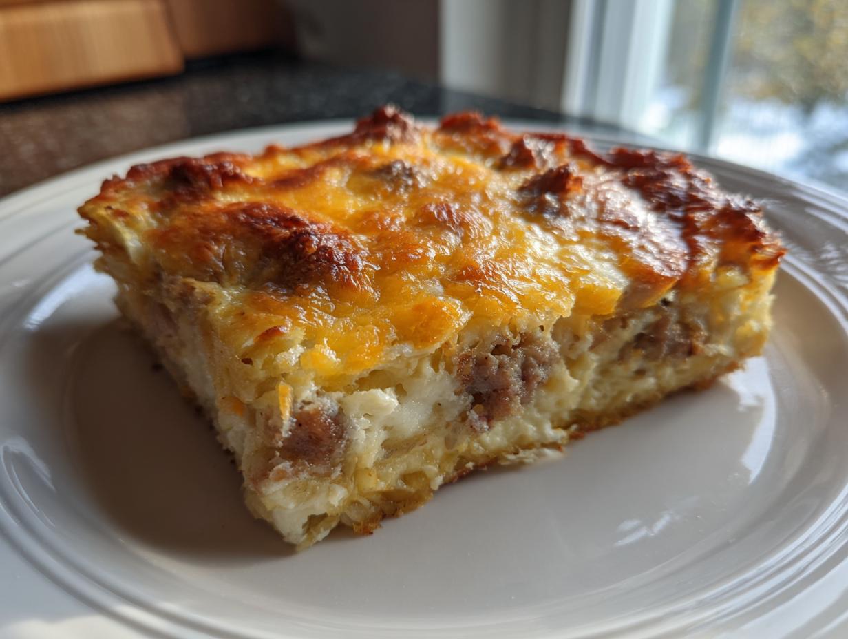 A square slice of ultimate breakfast casserole featuring sausage, eggs, and a golden-brown melted cheese topping.