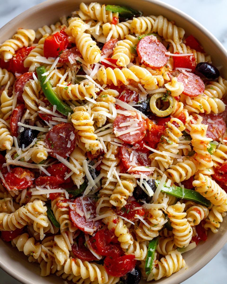 A close-up overhead view of a vibrant italian pasta salad featuring rotini pasta, pepperoni, tomatoes, olives, and shredded cheese.
