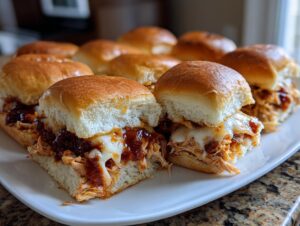 A platter of freshly baked bbq chicken sliders featuring shredded chicken, melted cheese, and rich BBQ sauce on soft rolls.