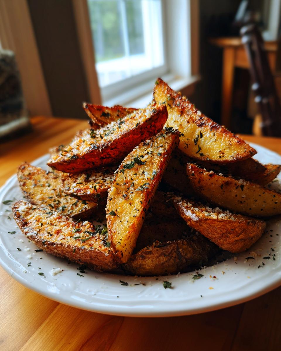 A close-up of crispy, golden-brown potato wedges seasoned with herbs and cheese, piled high on a white plate.