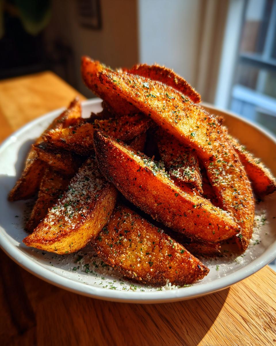 A close-up of golden brown, crispy potato wedges seasoned with herbs and Parmesan cheese.