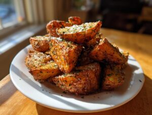 A mound of golden brown, crispy potato wedges seasoned with herbs and Parmesan cheese, served on a white plate.