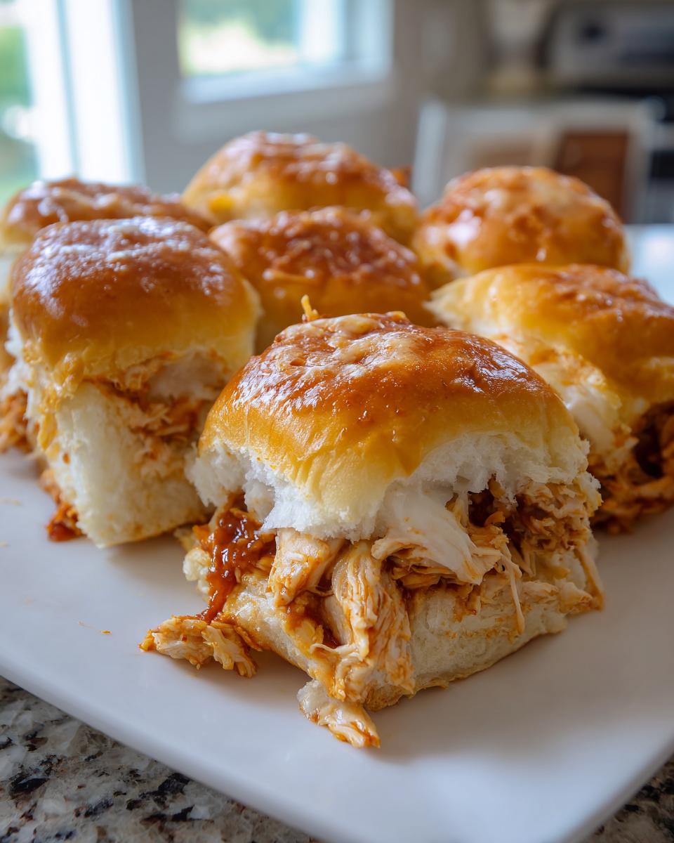 A close-up of several glossy, baked bbq chicken sliders filled with shredded chicken and sauce on a white platter.