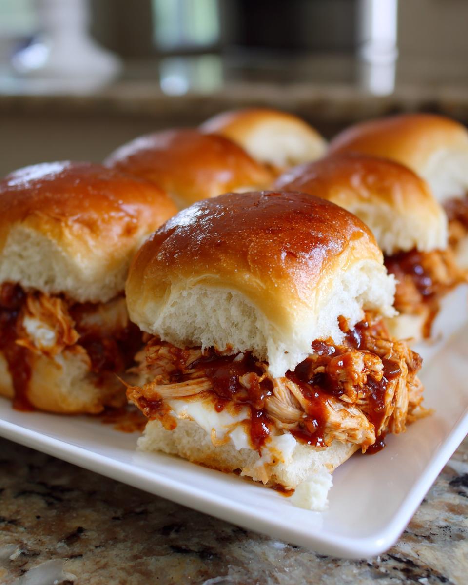 A close-up view of several glistening bbq chicken sliders filled with shredded chicken and sauce on a white platter.