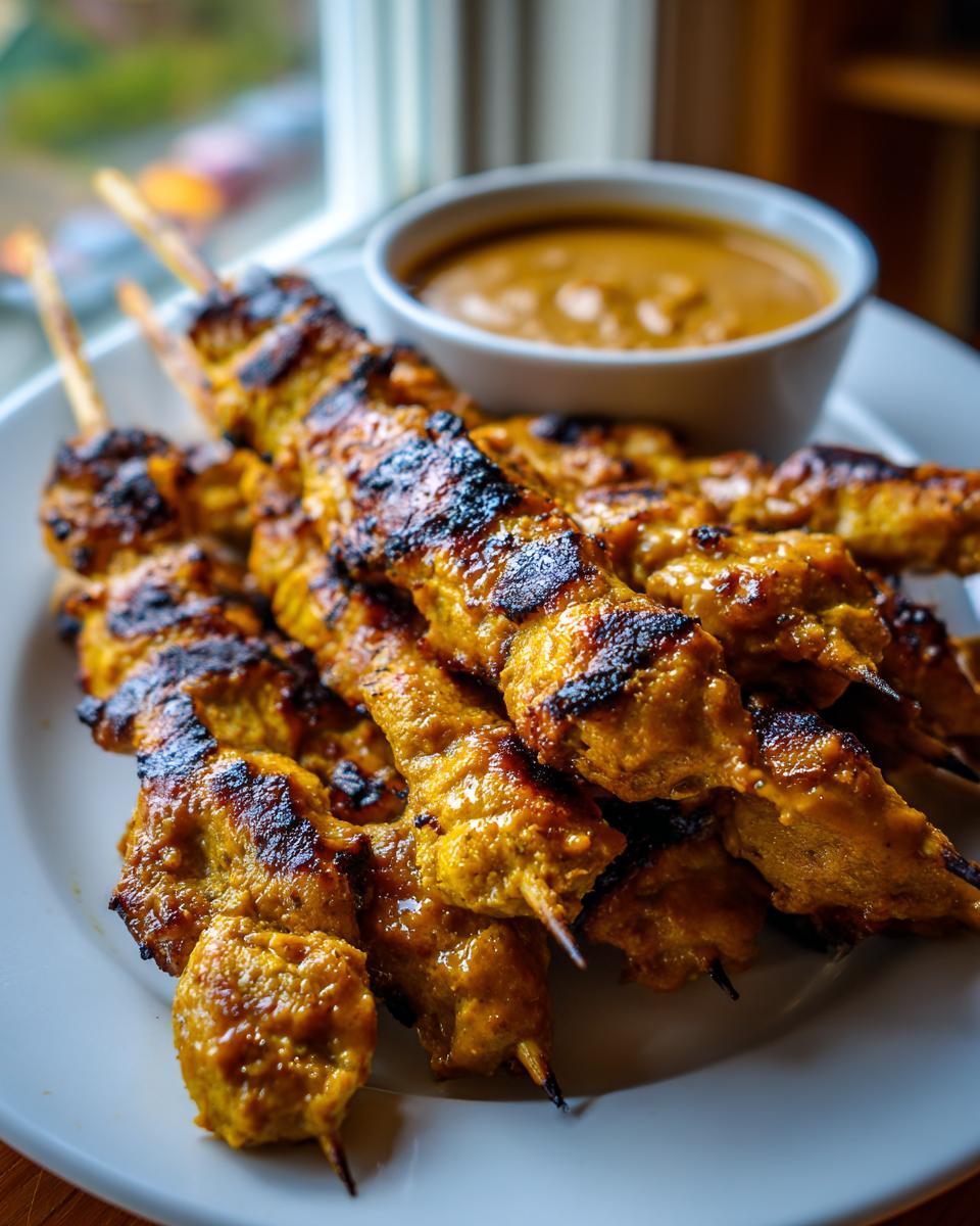 Close-up of perfectly grilled chicken satay skewers served with a side of creamy peanut dipping sauce.