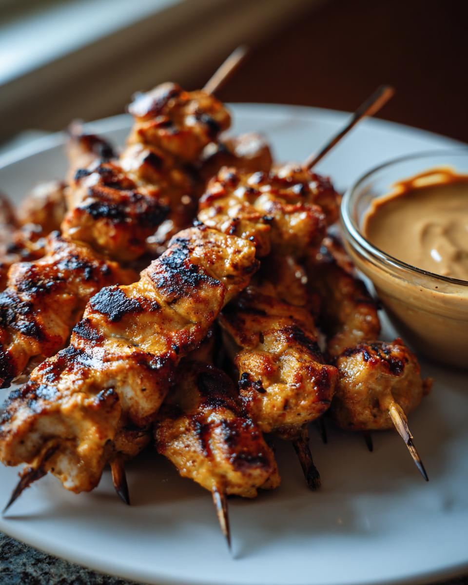 Close-up of perfectly grilled chicken satay skewers piled on a white plate next to a small bowl of peanut dipping sauce.