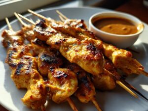 Close-up of perfectly grilled chicken satay skewers served on a white plate next to a small bowl of peanut dipping sauce.