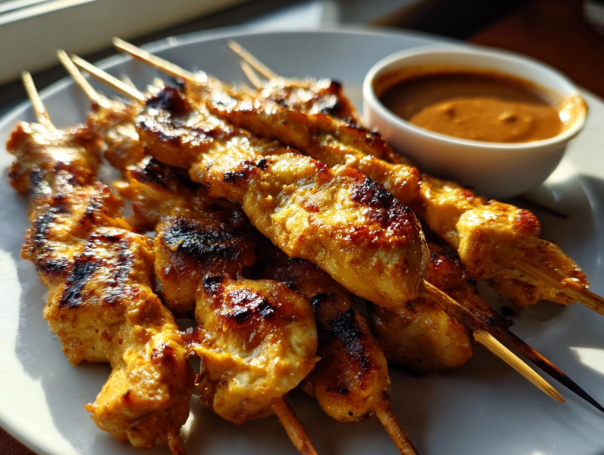 Close-up of perfectly grilled chicken satay skewers served on a white plate next to a small bowl of peanut dipping sauce.