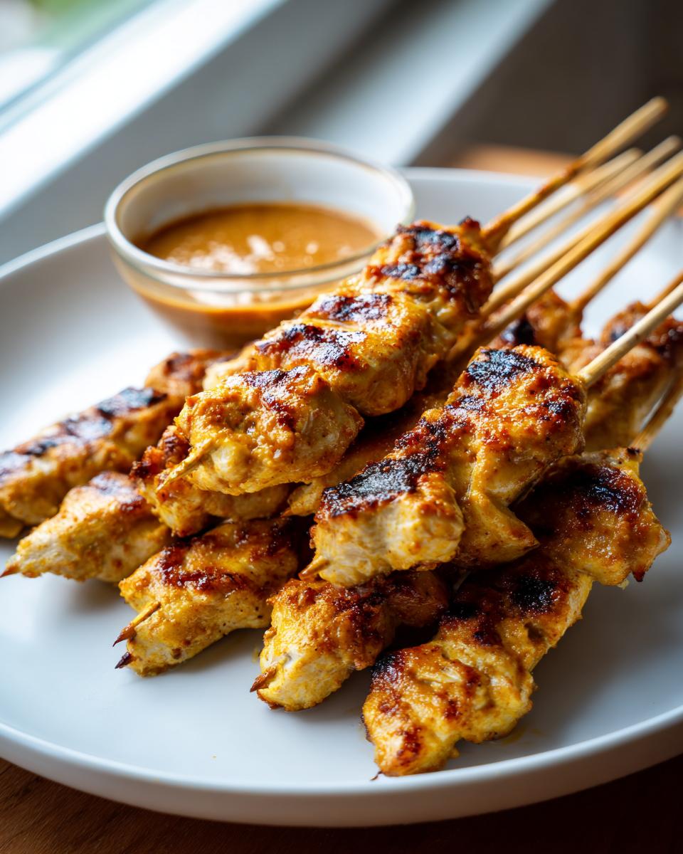 Close-up of grilled chicken satay skewers stacked on a white plate next to a small bowl of peanut sauce.