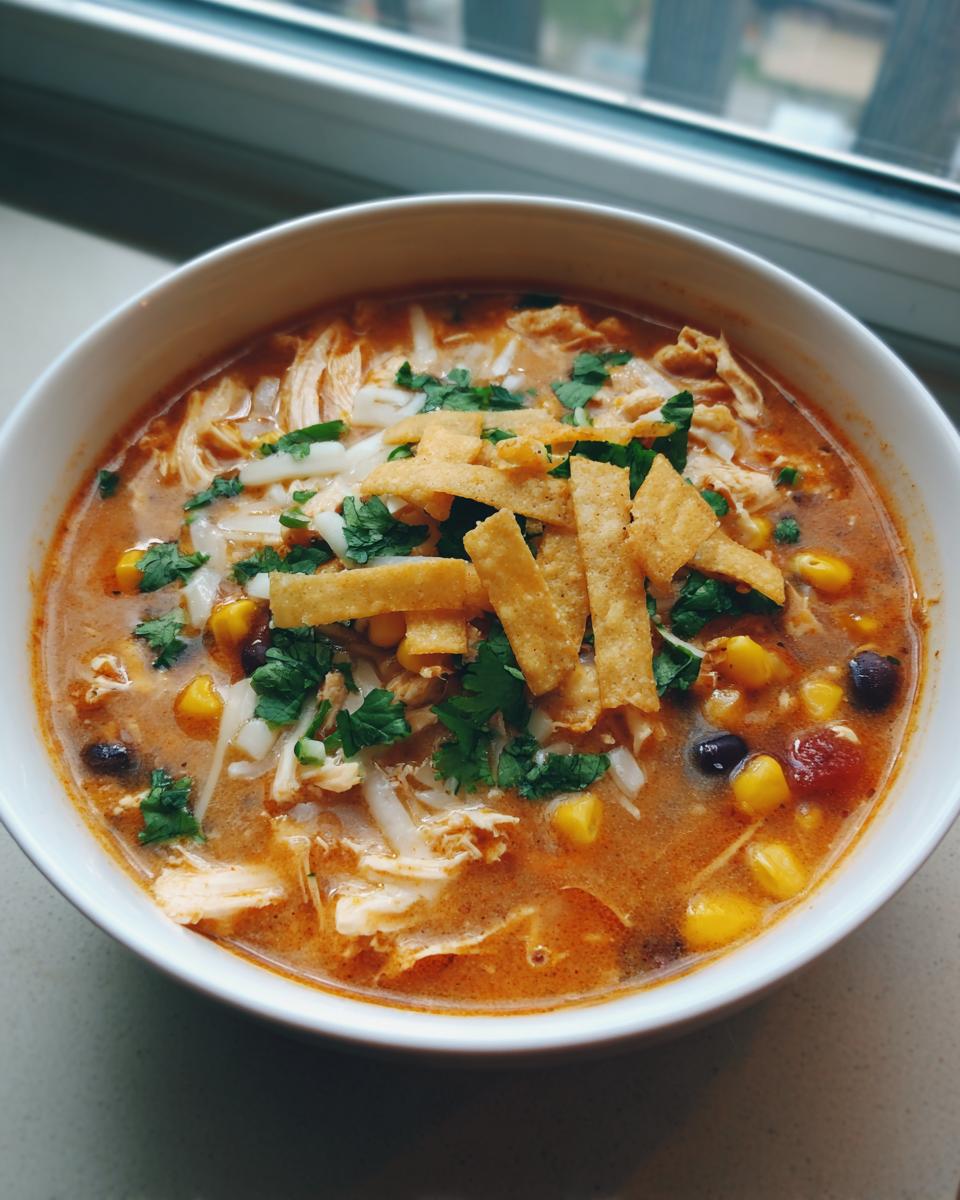 A close-up of a bowl of amazing chicken tortilla soup topped with shredded cheese, corn, black beans, cilantro, and tortilla strips.