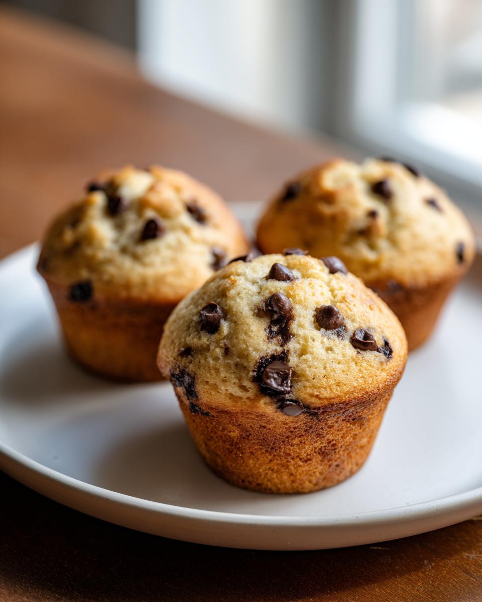 Three freshly baked mini chocolate chip muffins with golden tops and visible chocolate chips, resting on a light plate.