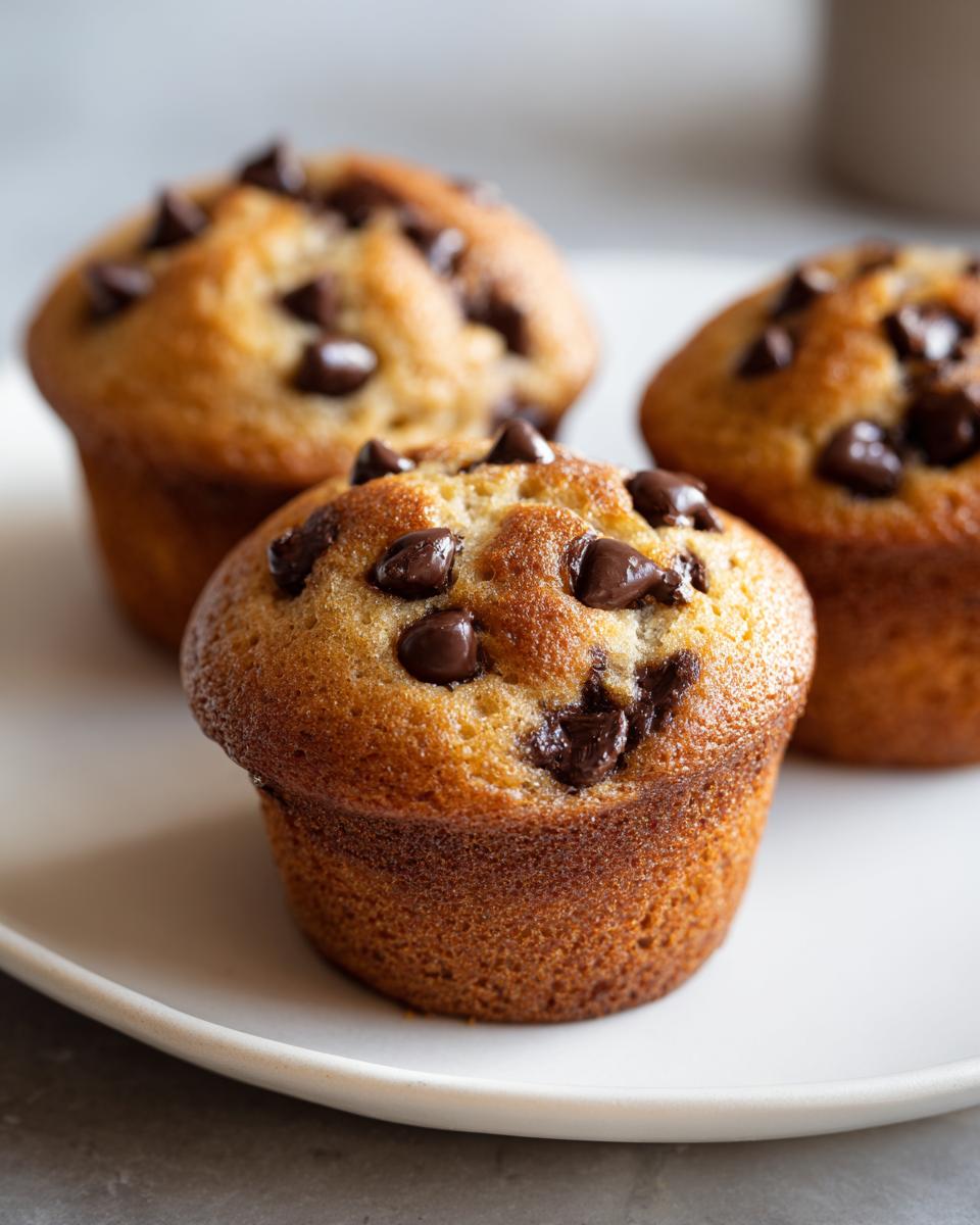 Close-up of three freshly baked mini chocolate chip muffins with melted chocolate chips on top, resting on a white plate.
