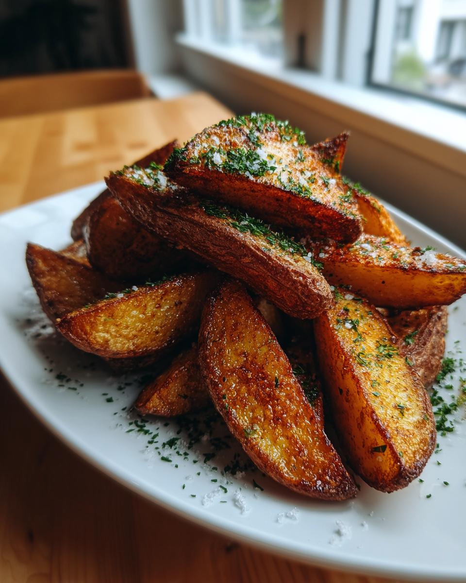 A close-up of a pile of golden brown, crispy potato wedges seasoned with coarse salt and fresh parsley.