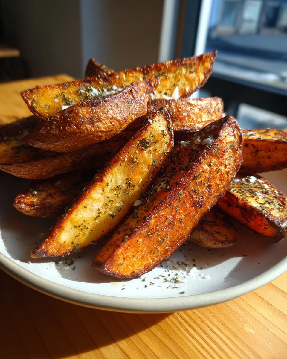 A close-up of a pile of golden brown, seasoned potato wedges sprinkled with herbs and coarse salt.