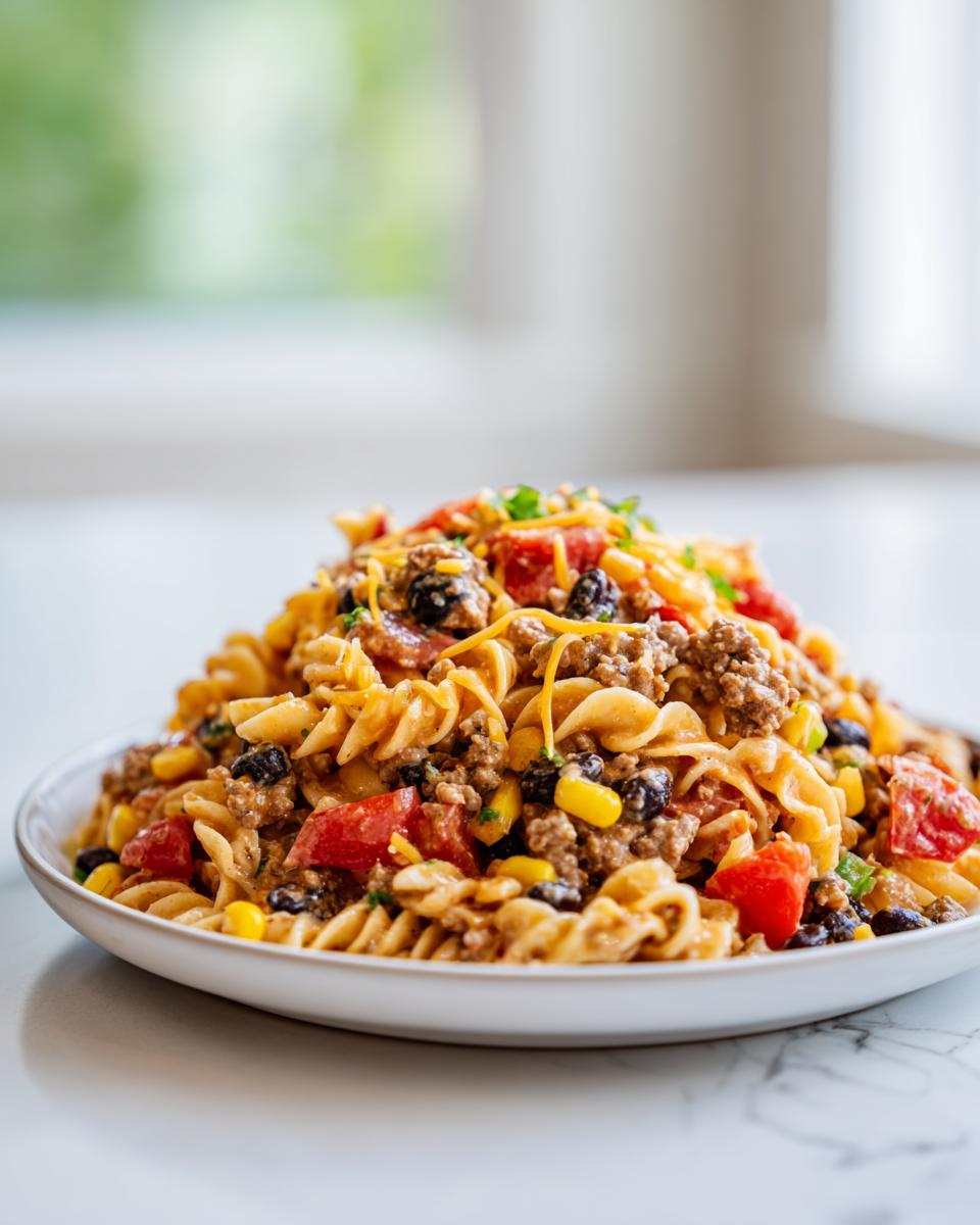 A generous serving of vibrant taco pasta salad featuring rotini pasta, ground beef, tomatoes, corn, and black beans, topped with shredded cheese.