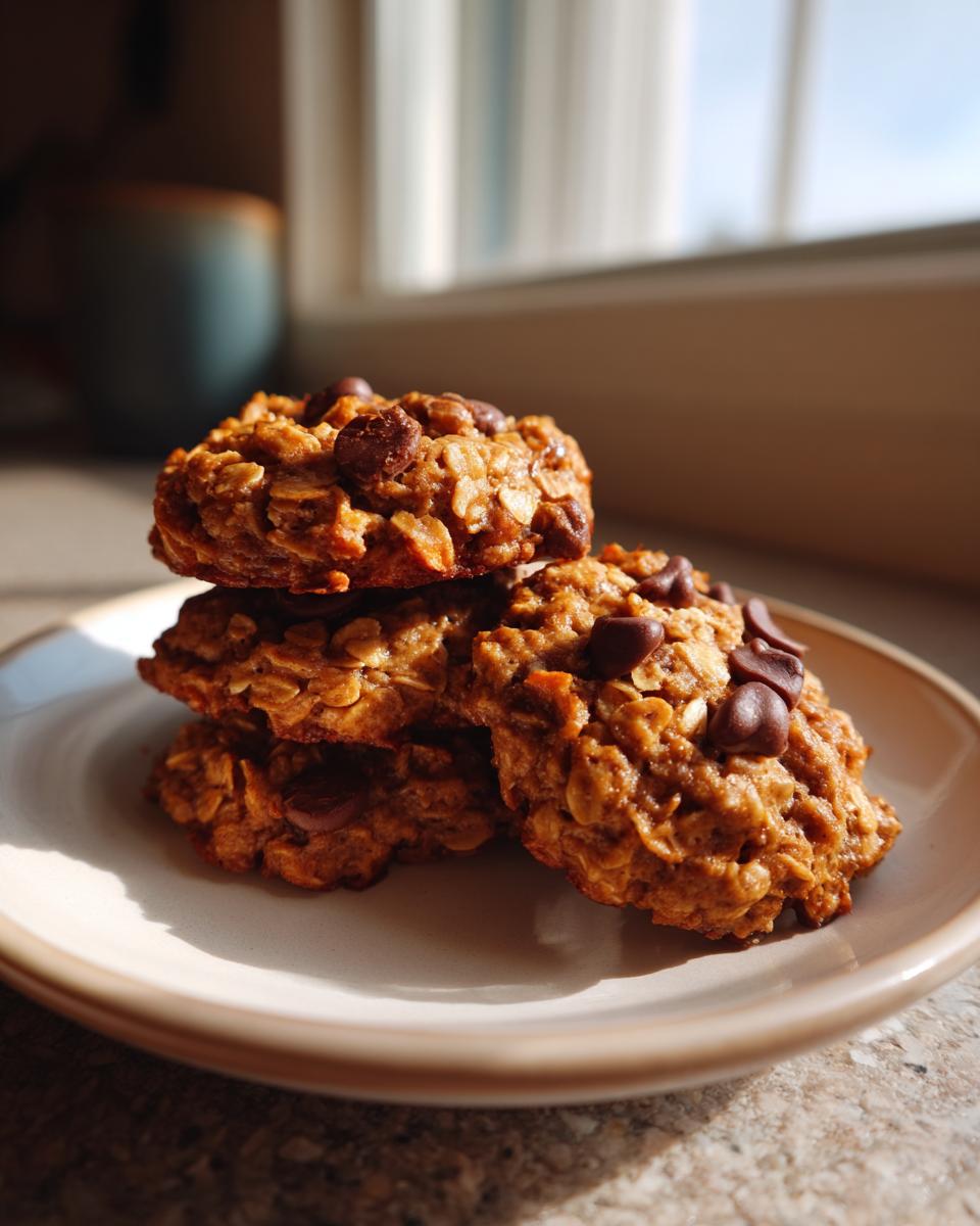 A stack of four delicious banana oatmeal cookies studded with chocolate chips on a light plate.