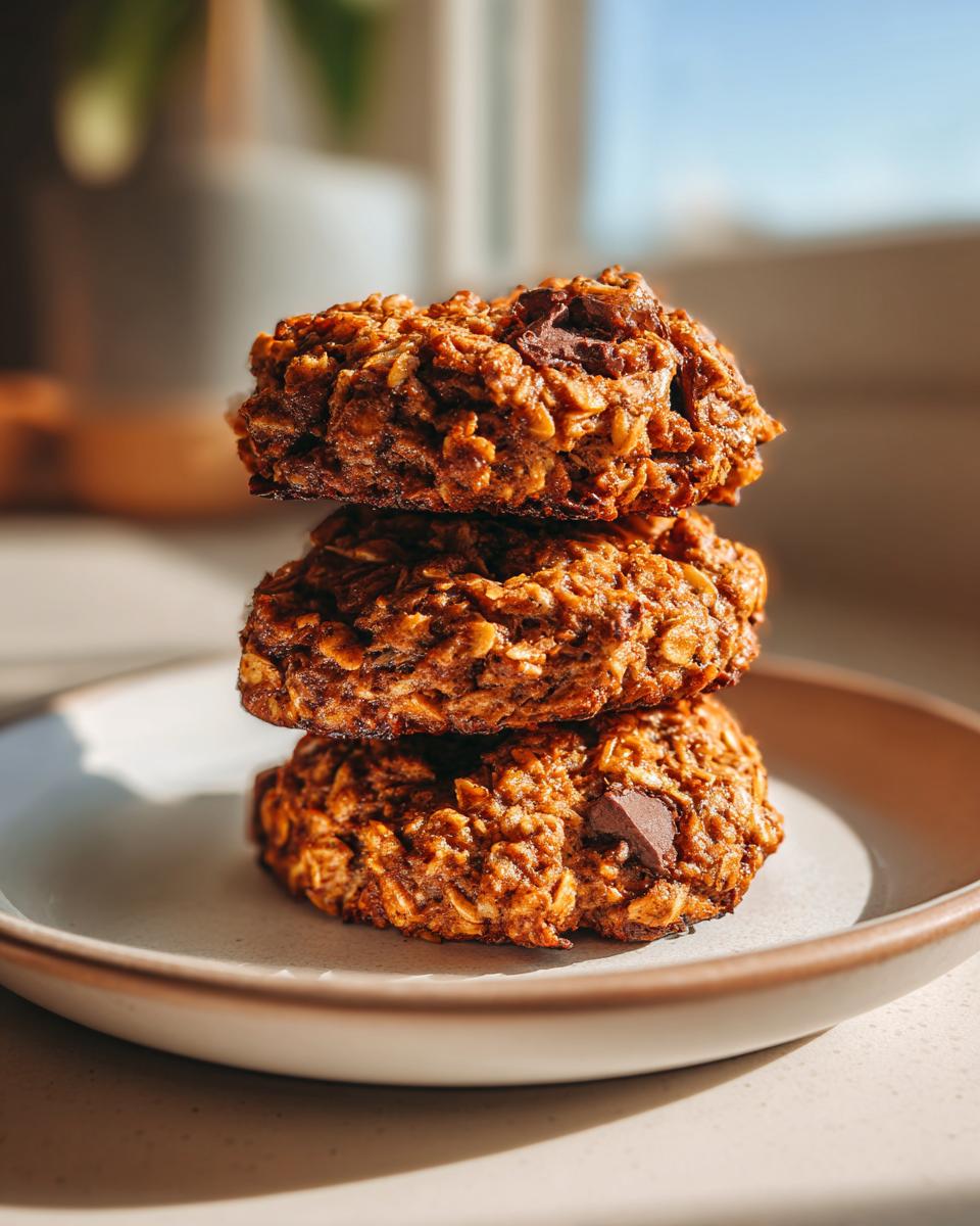A stack of three rich, textured banana oatmeal cookies featuring visible oats and chocolate chunks, sitting on a light plate.