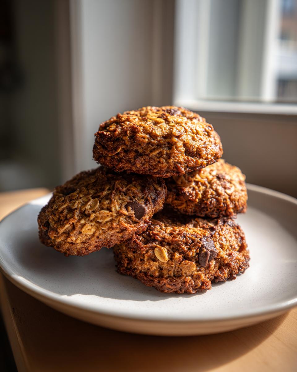 A stack of four golden brown banana oatmeal cookies, some showing visible chocolate chips, resting on a light plate.