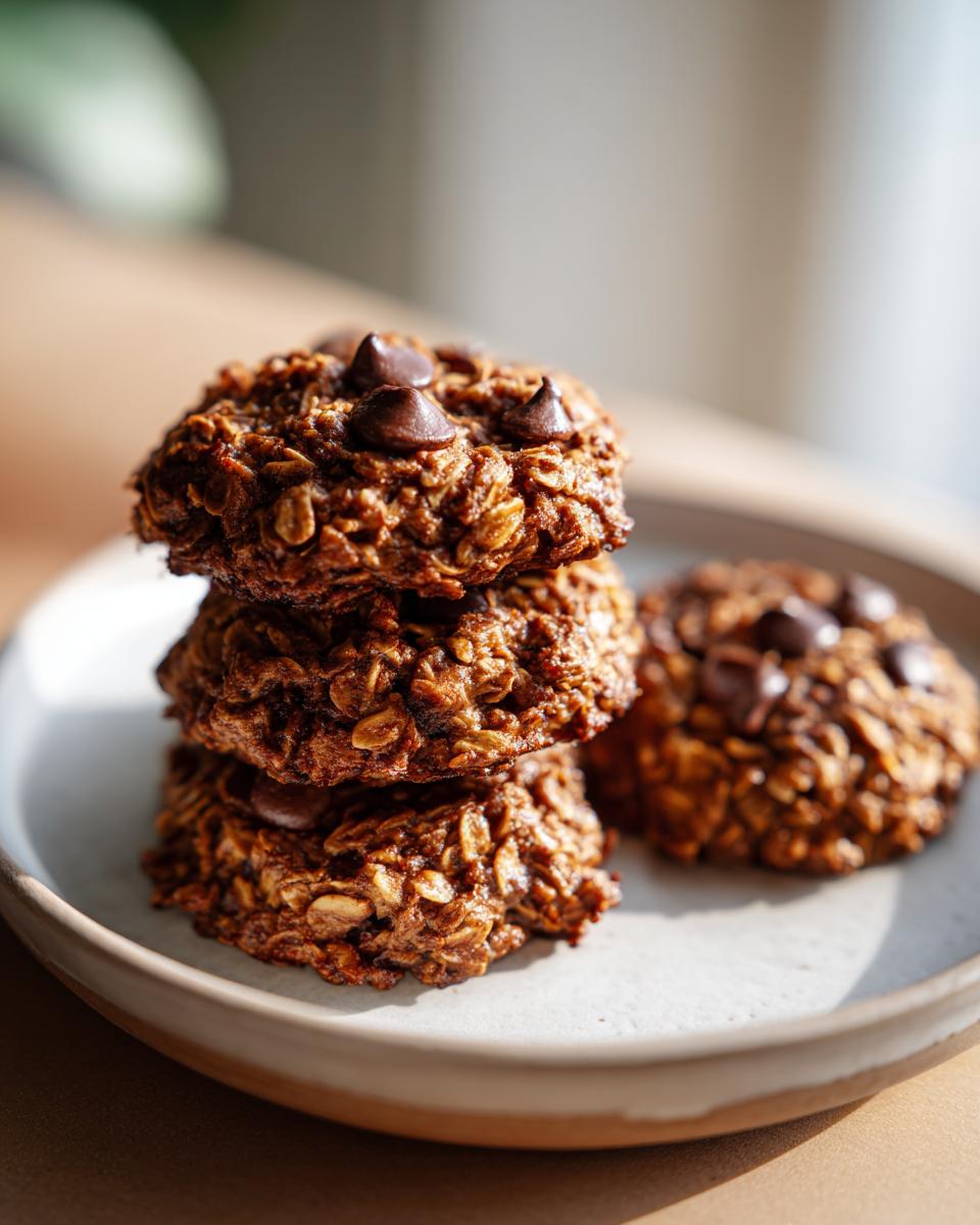 A stack of three rich, chocolate chip banana oatmeal cookies on a light plate, with one cookie beside them.
