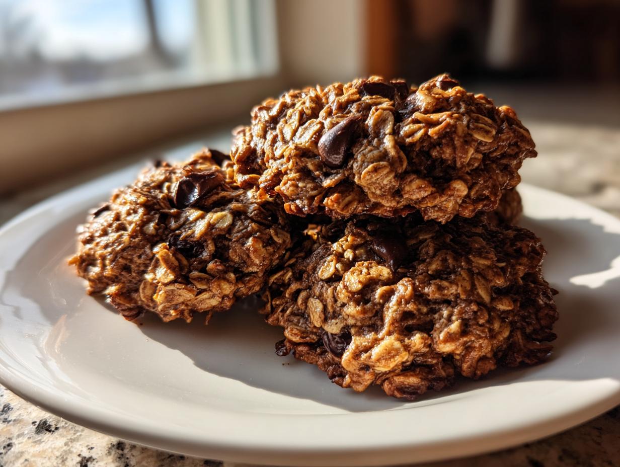 A close-up stack of three moist banana oatmeal cookies loaded with chocolate chips, sitting on a white plate.