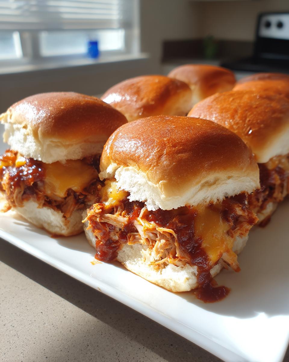 A close-up view of several freshly made bbq chicken sliders with melted cheese on a white platter.