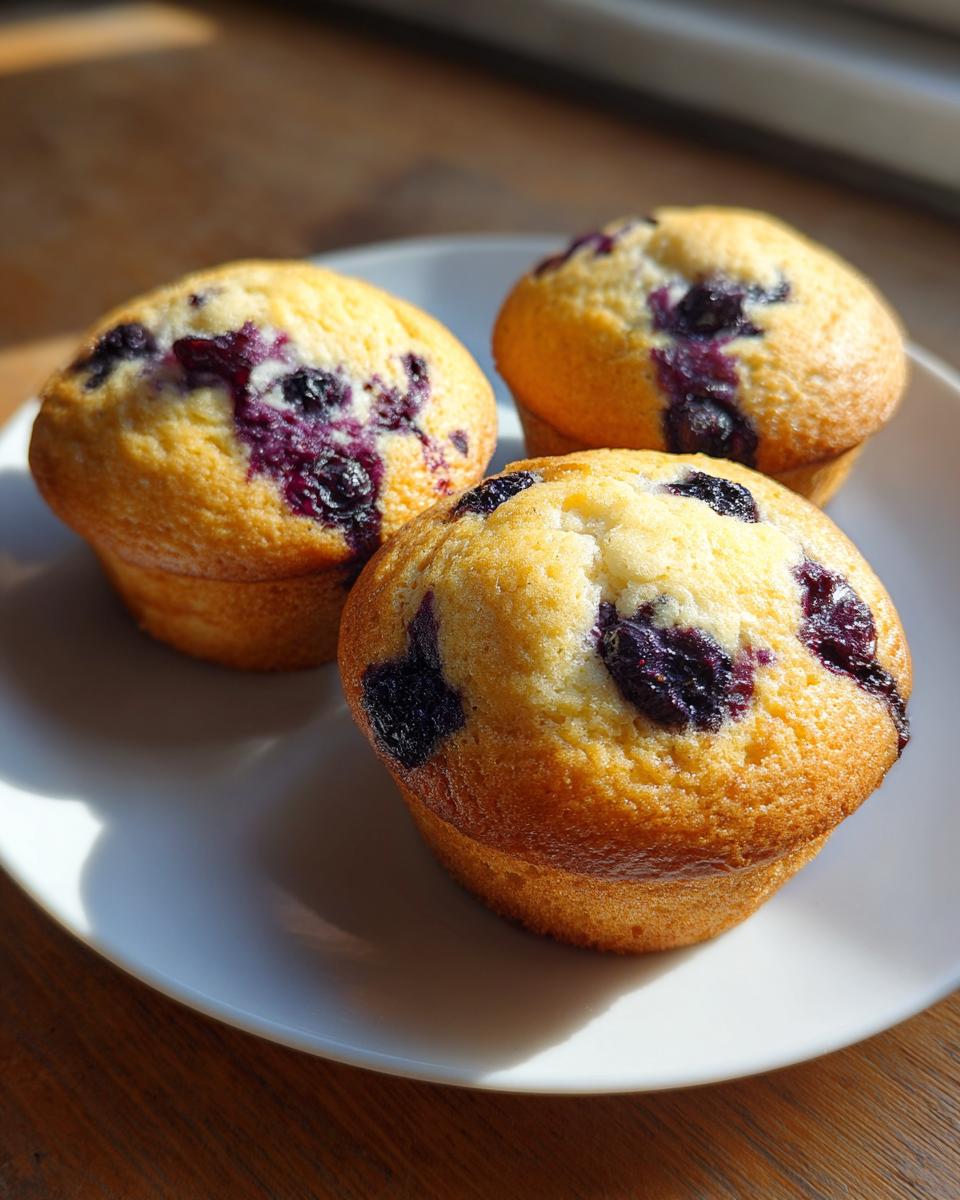 Three golden-brown blueberry cottage cheese muffins sitting on a white plate in bright sunlight.