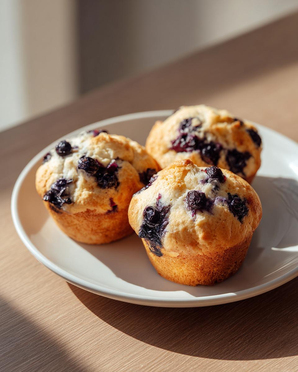 Three golden-brown blueberry cottage cheese muffins sitting on a white plate bathed in sunlight.