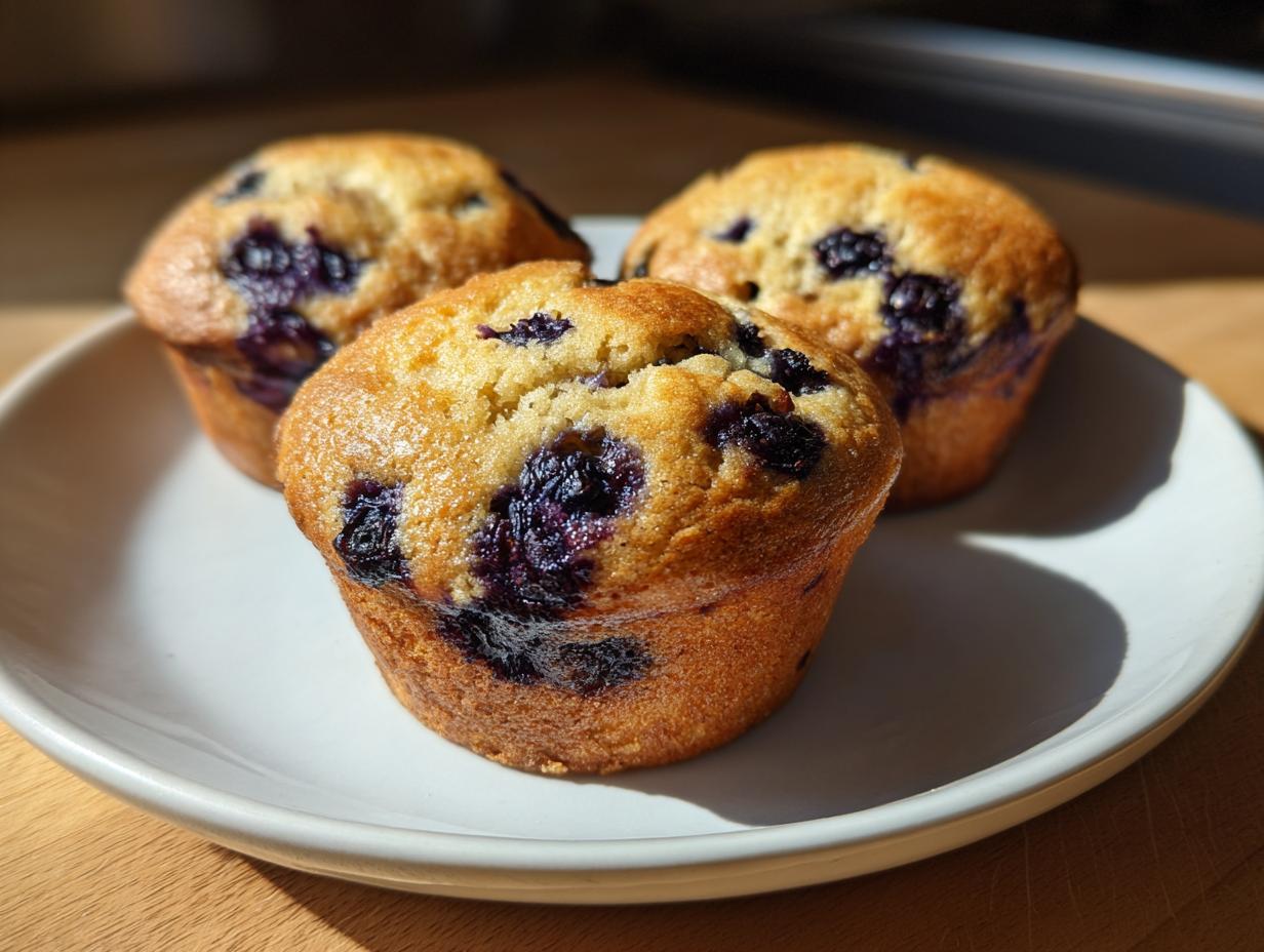 Three freshly baked blueberry cottage cheese muffins sitting on a white plate in bright sunlight.