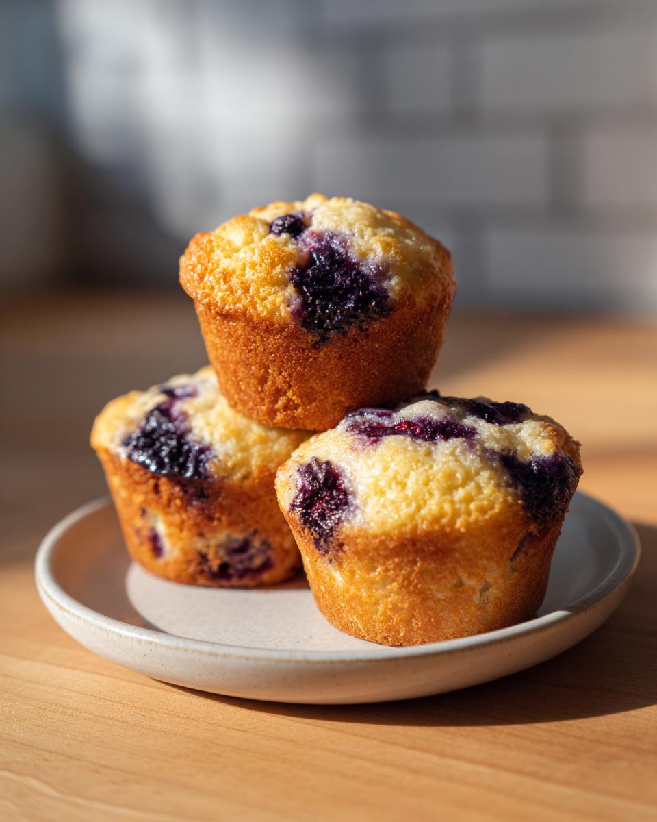 Three golden-brown blueberry cottage cheese muffins stacked on a small ceramic plate, catching bright sunlight.