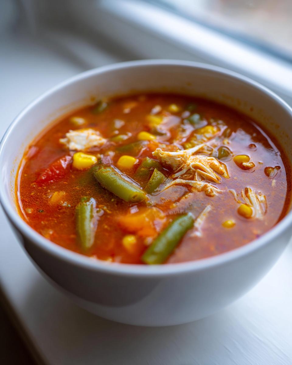 Close-up of a bowl of rich, red maryland crab soup filled with green beans, corn, and shredded crab meat.