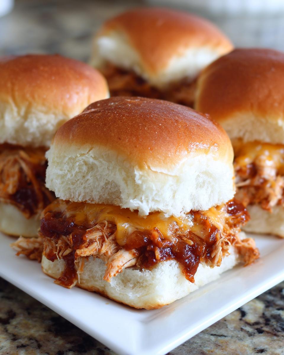Close-up of several cheesy bbq chicken sliders piled high with shredded chicken and BBQ sauce on soft rolls.