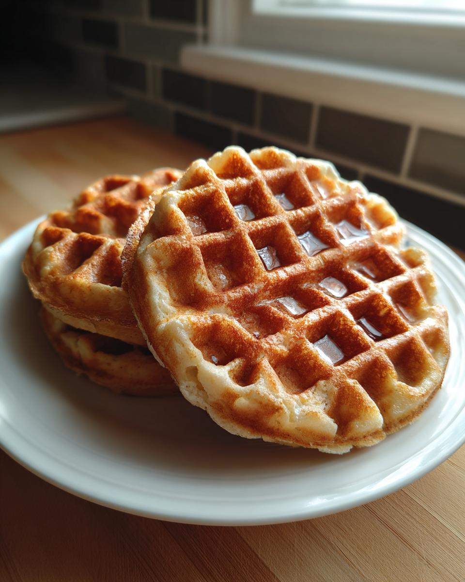 A stack of two golden-brown cottage cheese waffles drizzled with syrup, resting on a white plate.