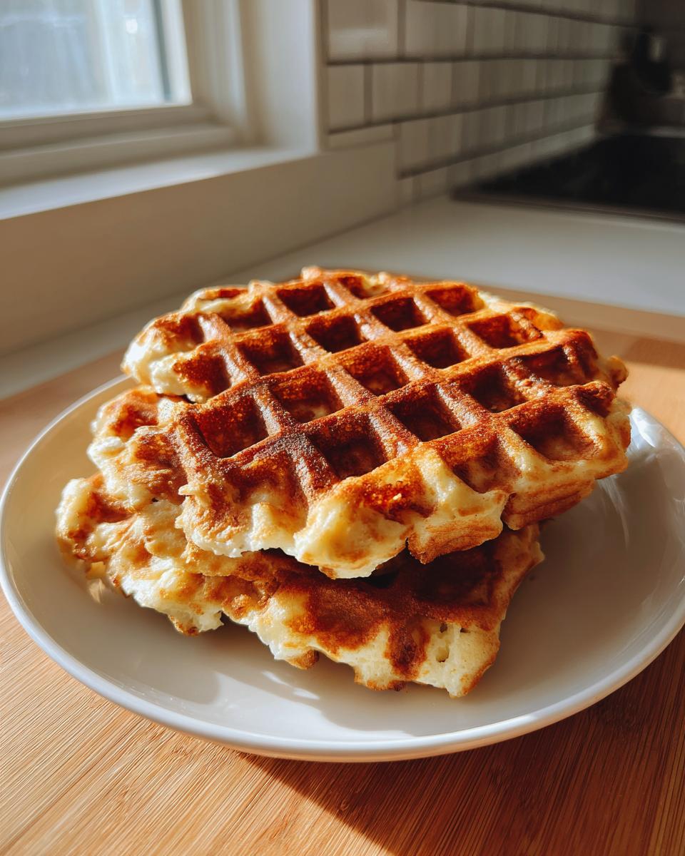 A stack of two golden brown cottage cheese waffles served on a white plate, bathed in sunlight.