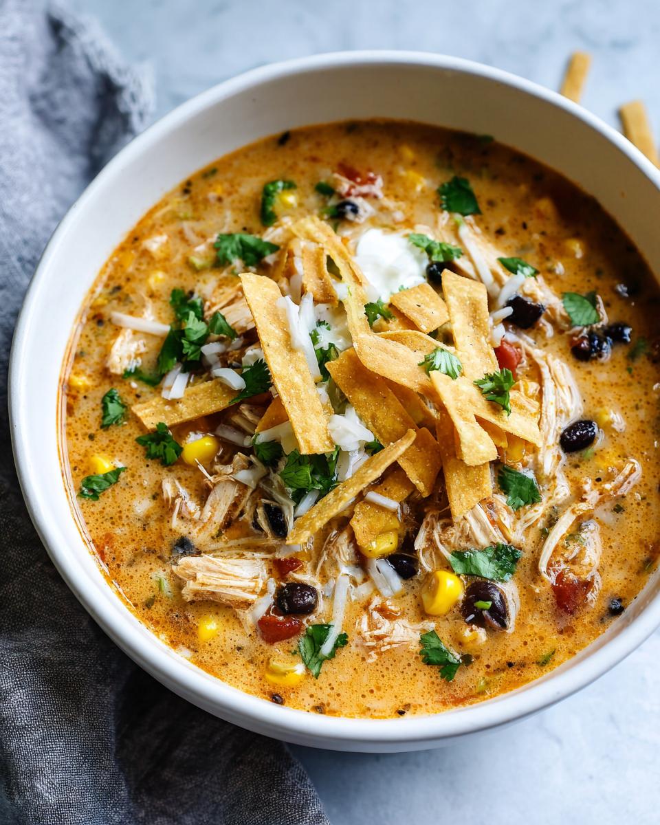 Close-up of a creamy bowl of chicken tortilla soup topped with shredded chicken, corn, black beans, cheese, and tortilla strips.
