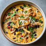 Close-up of creamy chicken tortilla soup topped with shredded cheese, tortilla strips, and cilantro.