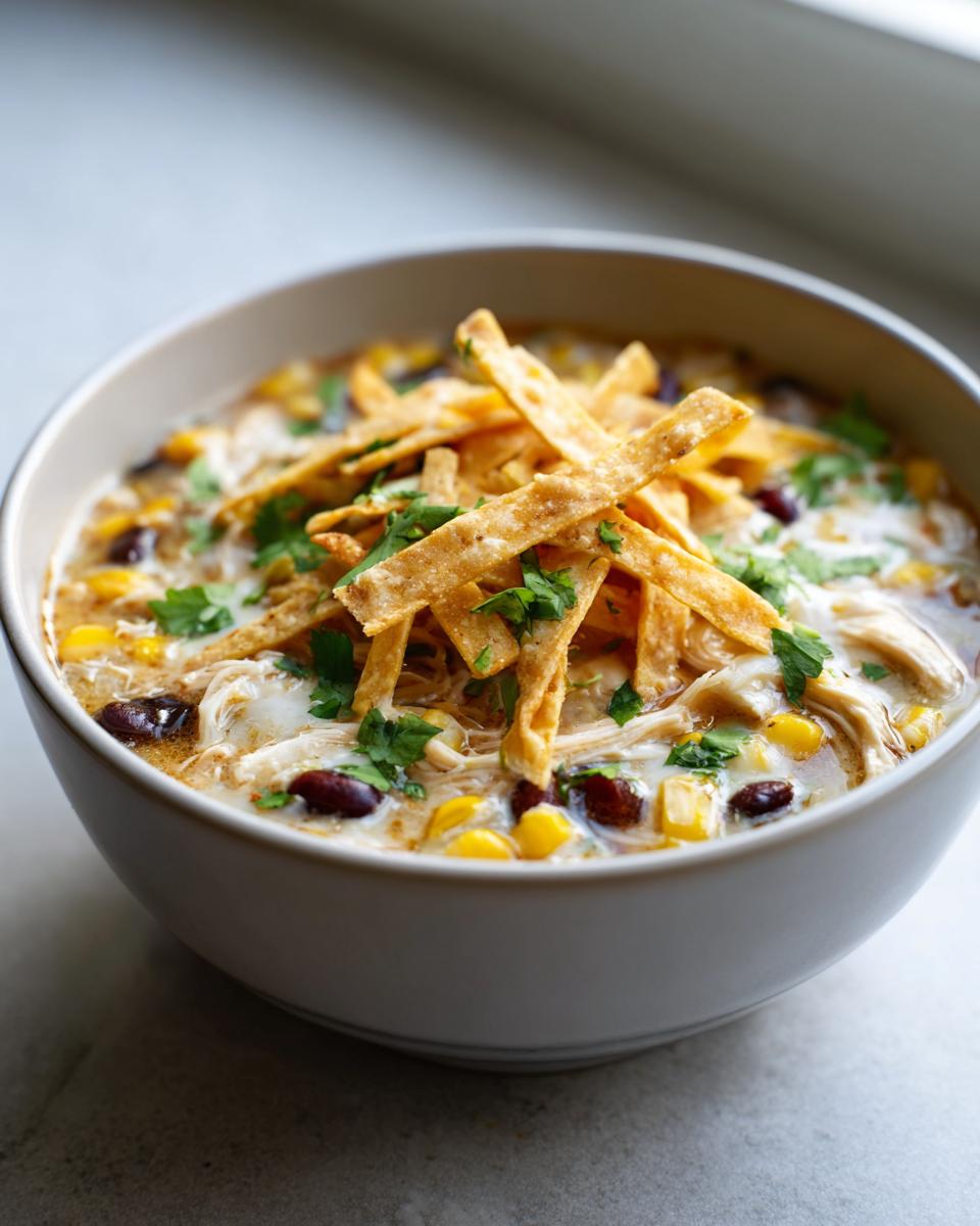 A close-up of a bowl of creamy chicken tortilla soup topped with crispy tortilla strips, corn, black beans, and cilantro.
