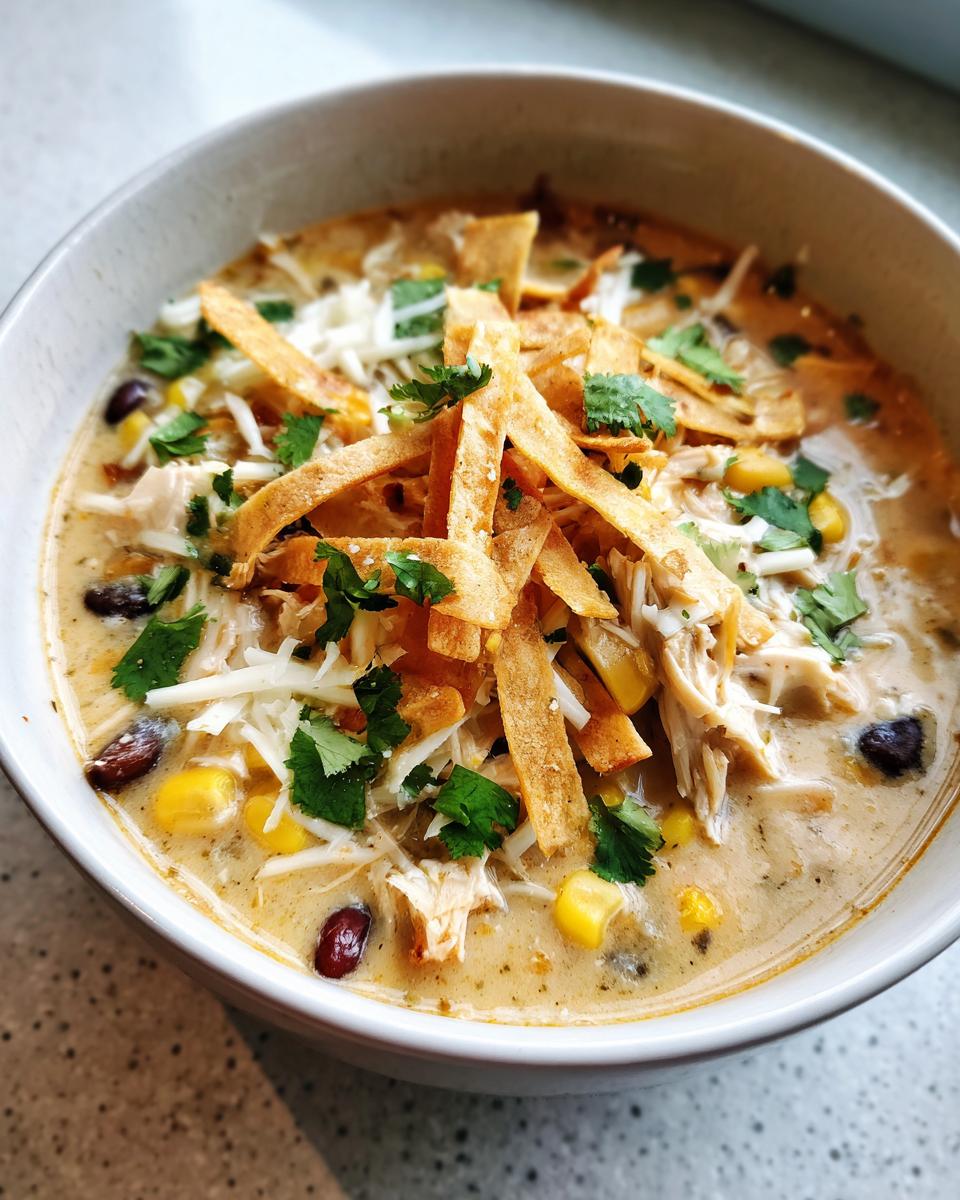 Close-up of a bowl of creamy chicken tortilla soup garnished with shredded cheese, corn, black beans, and crispy tortilla strips.
