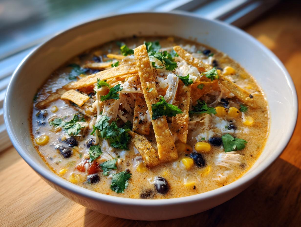 A close-up of a creamy white bowl filled with amazing chicken tortilla soup, topped with shredded chicken, black beans, corn, and crispy tortilla strips.