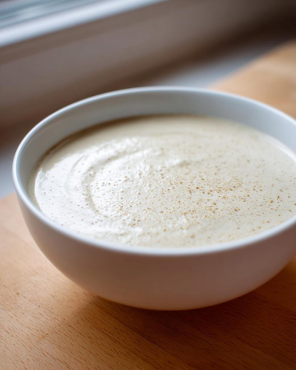 A close-up of a white bowl filled with creamy, light-colored garlic soup, lightly dusted with pepper.