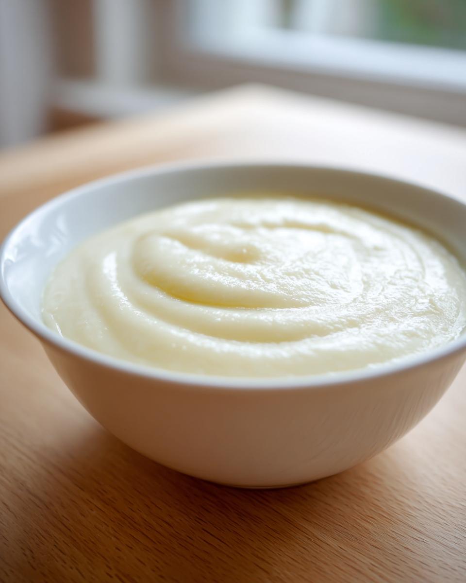 Close-up of a white bowl filled with creamy, pureed garlic soup texture.