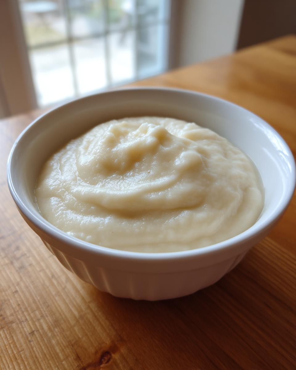 Close-up of a white bowl filled with smooth, creamy garlic soup resting on a wooden table.