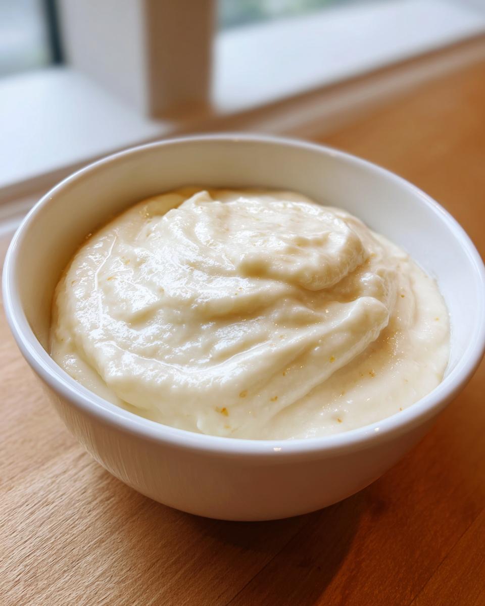 Close-up of a white bowl filled with thick, creamy, pale yellow garlic soup, showing swirls on the surface.